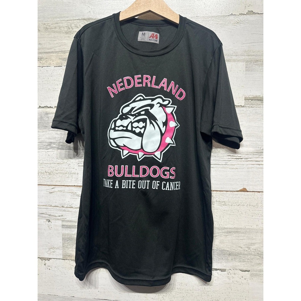 A4 Graphic Tee Boys Youth Medium Black Nederland Bulldogs Cancer Awareness‎ EUC